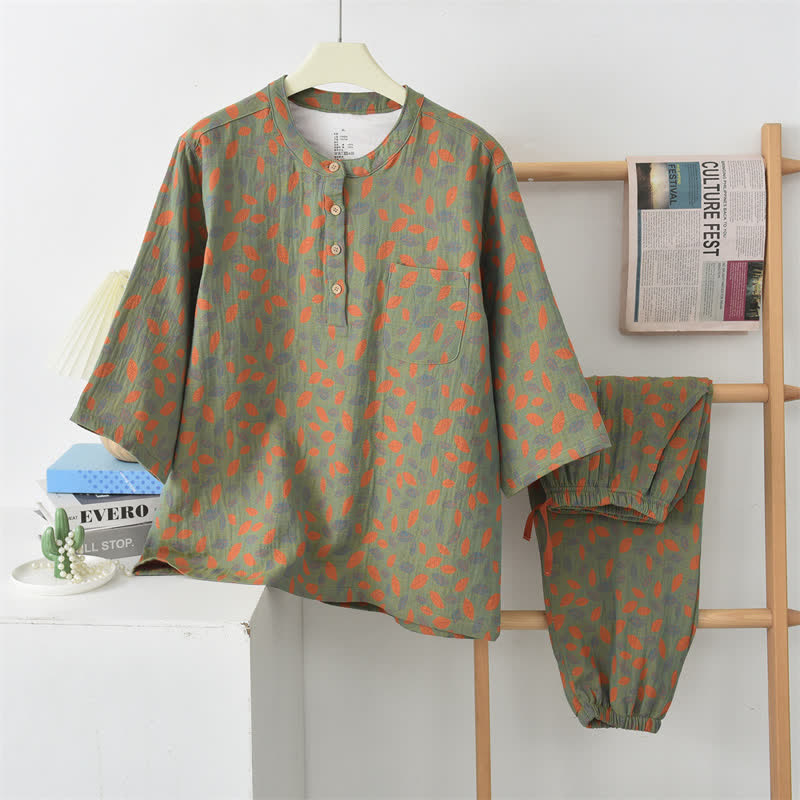 Round Neck Cotton Gauze Leaf Nightwear