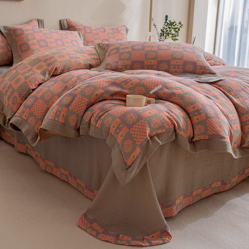 Pure Cotton Checkerboard & Floral Bedding Set (4PCS)