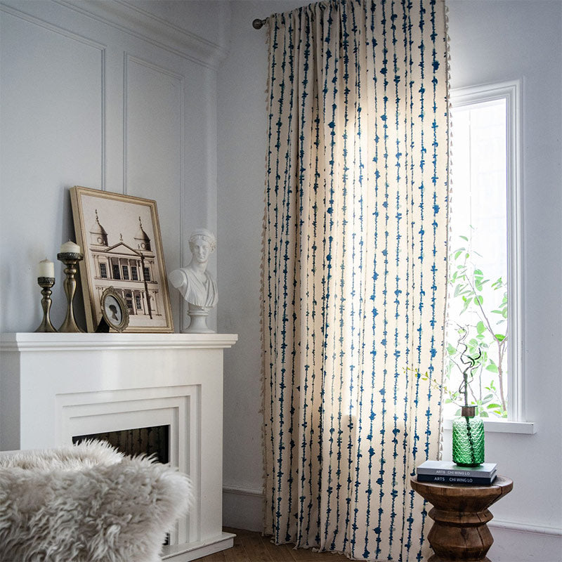 Blue ECG Pattern Cotton Linen Curtain