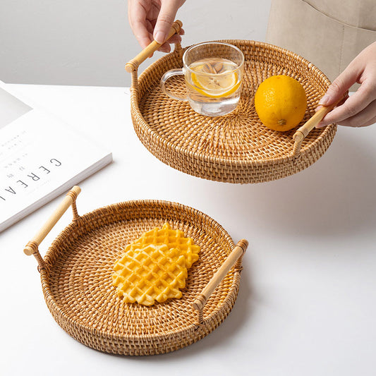 Ownkoti Hand Woven Rattan Round Tray With Handles