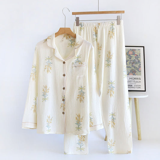 Lapel Floral Long Sleeves Pajama Set