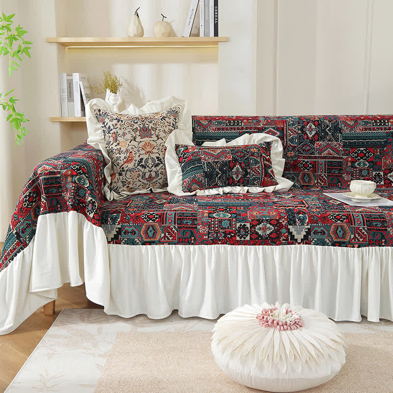 Boho Vintage Geometric Ruffle Sofa Cover