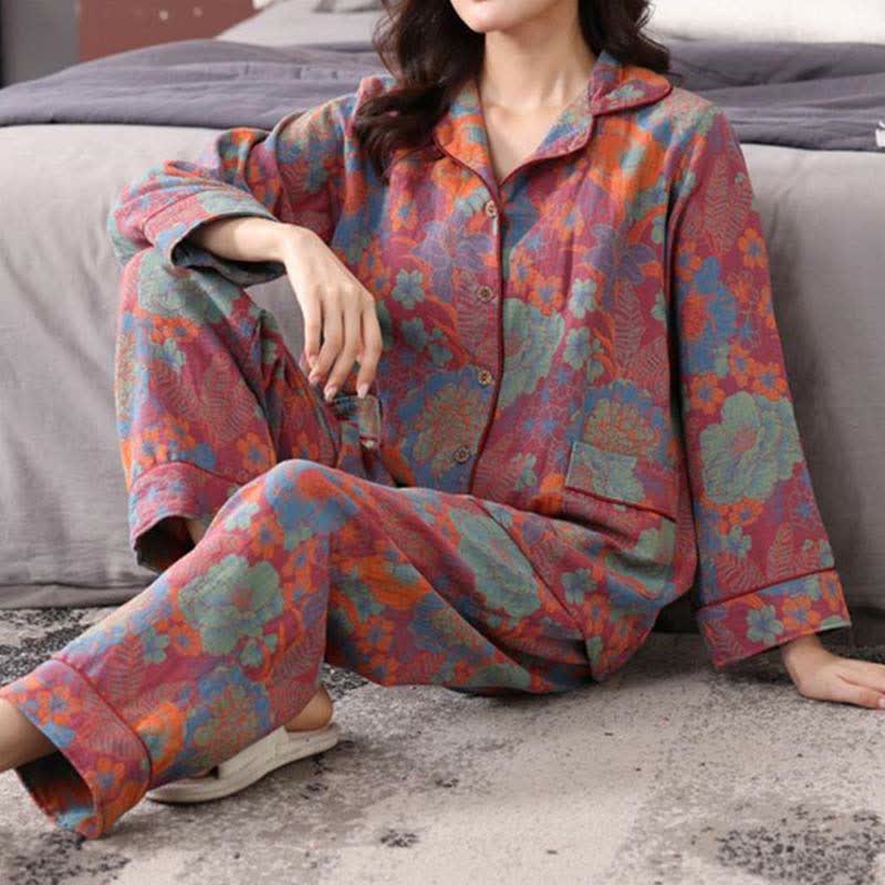 Luxurious Floral Lapel Cotton Pajama Set