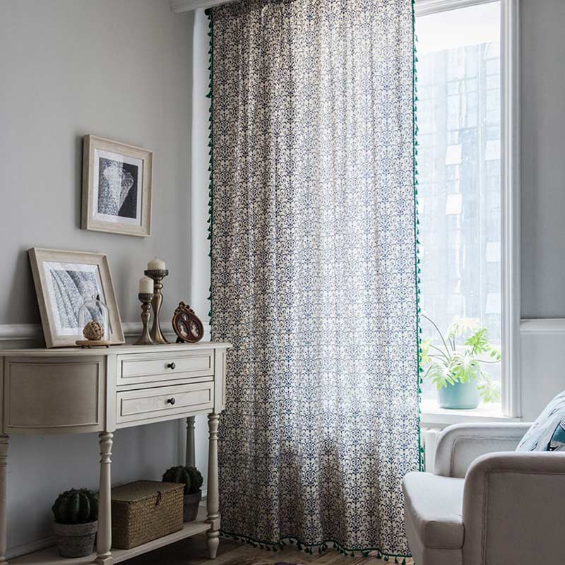 Blue Pattern Green Tassel Cotton Linen Curtain