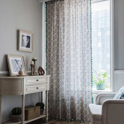 Blue Pattern Green Tassel Cotton Linen Curtain