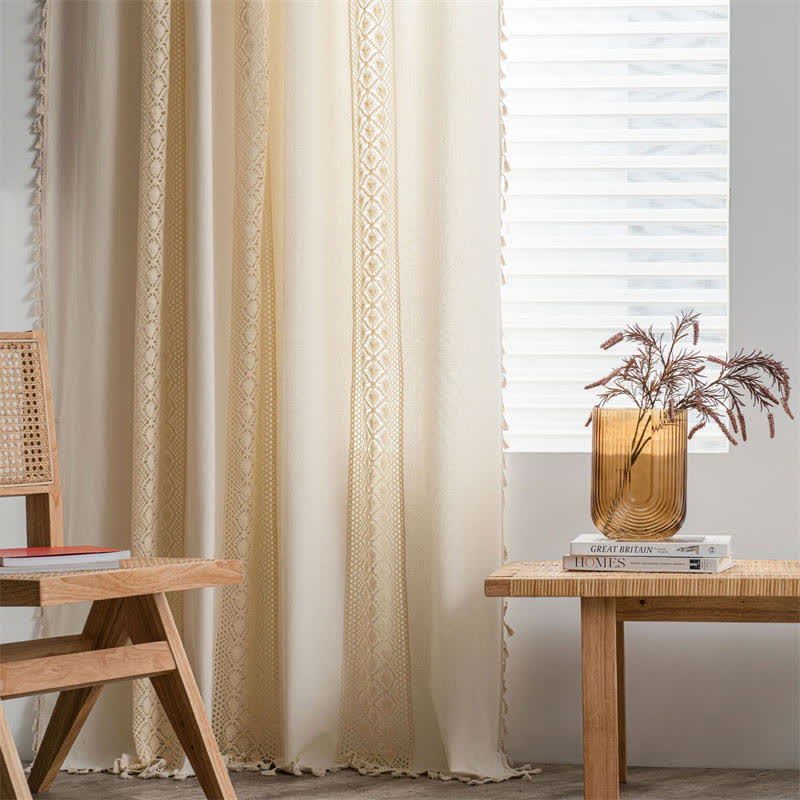 Beige Hollow-Out Light Filtering Tassel Curtain