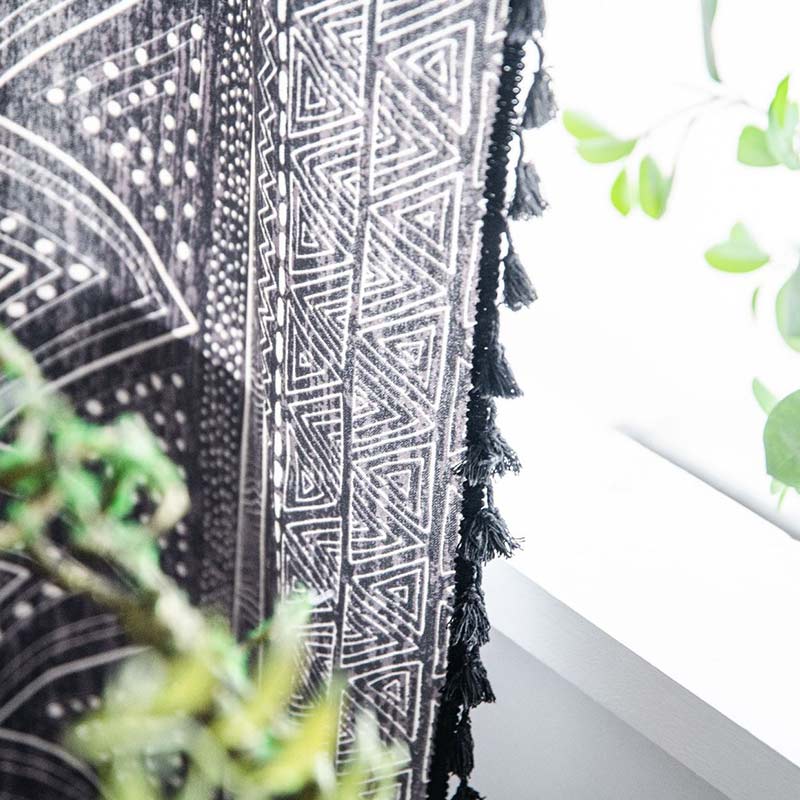 Ownkoti Bohemian Black Geometric Cotton Tassels Curtains