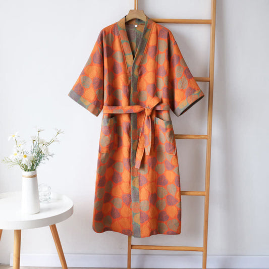 V-neck Vivid Leaf Cotton Gauze Summer Bathrobe