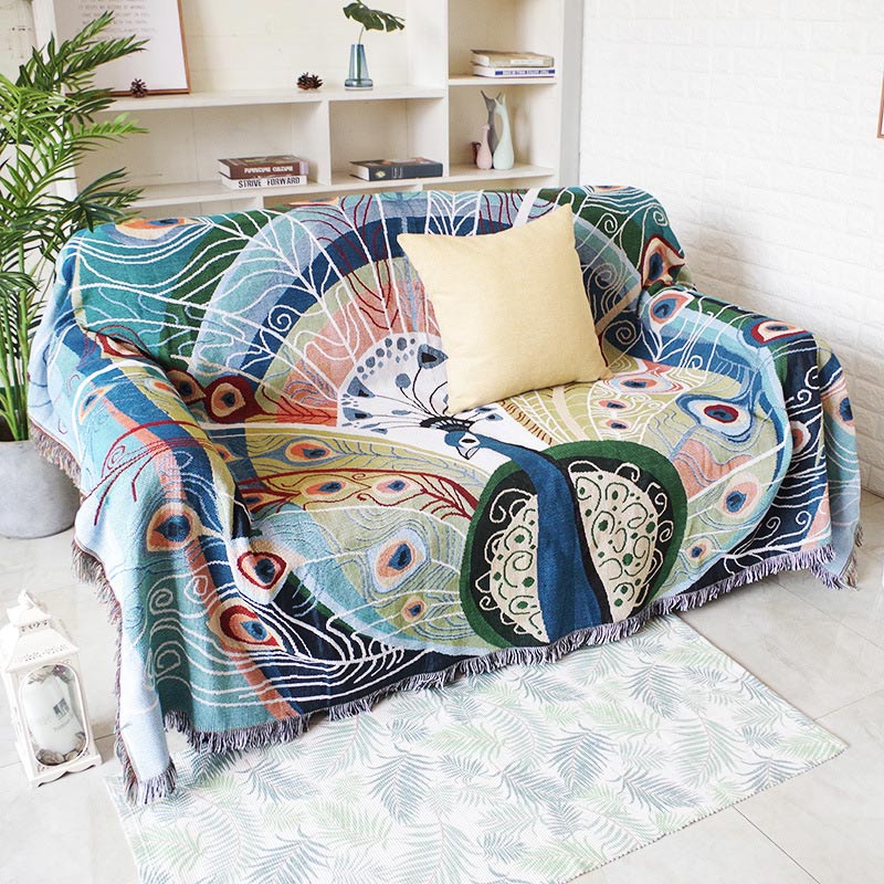 Ownkoti Peacock Print Tassel Reversible Blanket