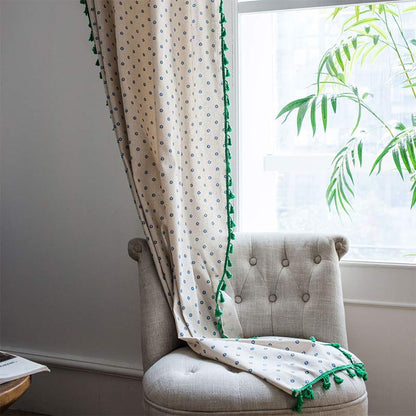 Blue Daisy Green Brim Cotton Curtain