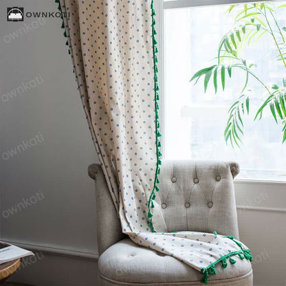Blue Daisy Green Brim Cotton Curtain