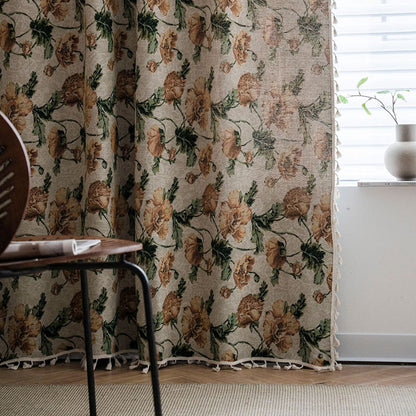 Beige Flower Tassel Semi Blackout Curtain