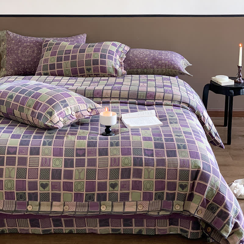 Cotton Gauze Jacquard Checkerboard Bedding Set(4PCS)