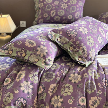 Cotton Gauze Button Floral Style Bedding Set(4PCS)