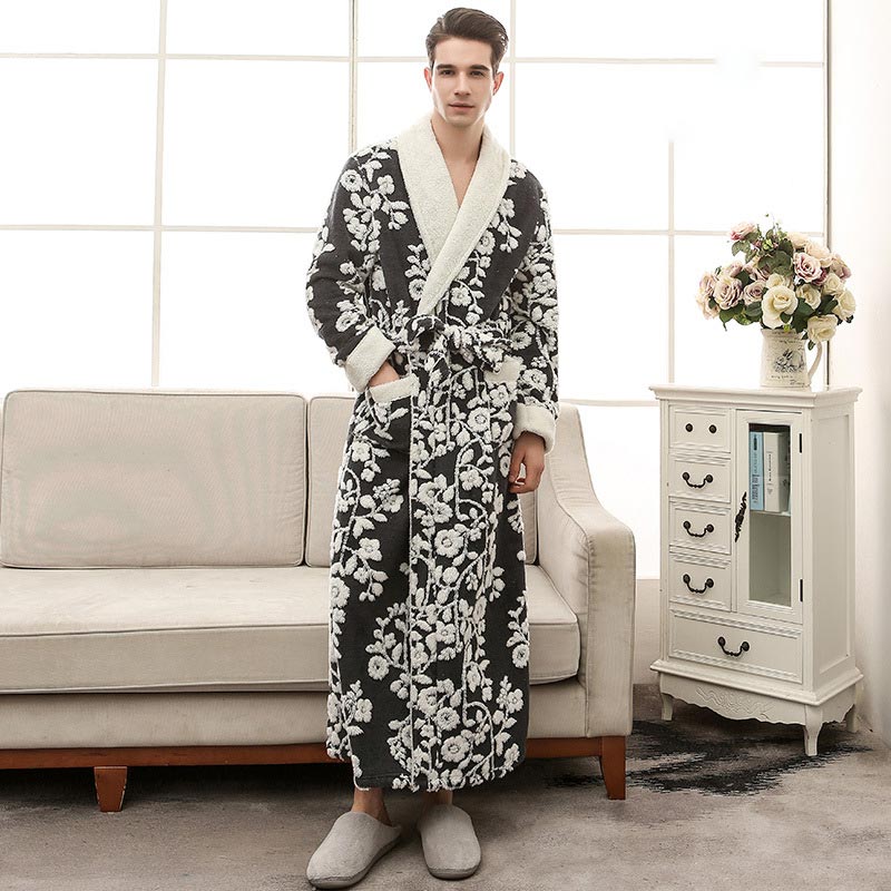 Ownkoti Flower Jacquard Fleece Pajama Long Bathrobe