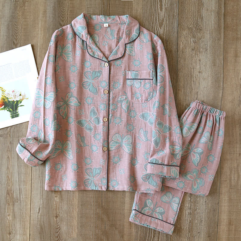 Vintage Butterfly Print Cotton Loungewear Set - Pink - XL - image 8