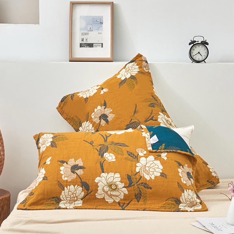 Yellow Flower Cotton Gauze Pillow Towel (2PCS)