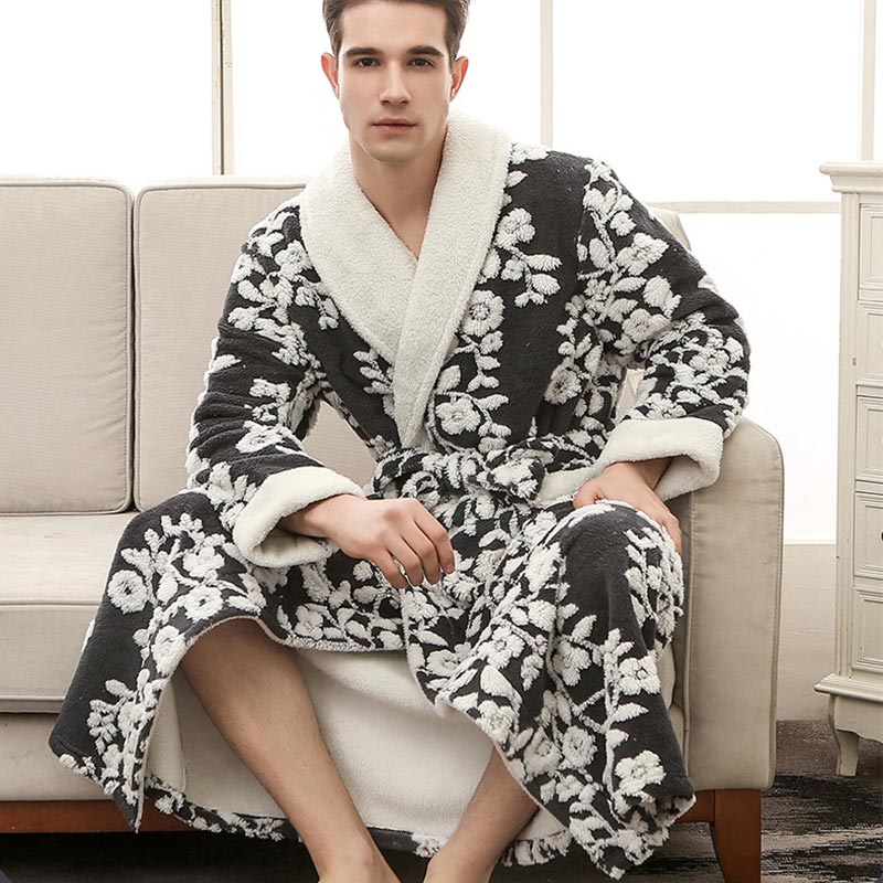 Ownkoti Flower Jacquard Fleece Pajama Long Bathrobe