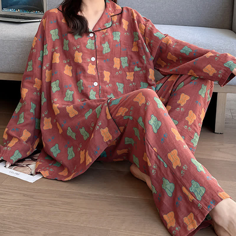 Plus Size Bear Cotton Lapel Loungewear Set