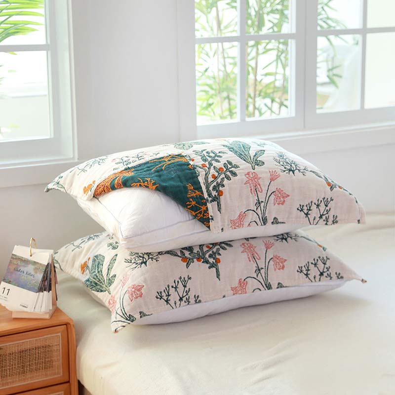 Flower Plant Cotton Gauze Pillow Towel (2PCS)