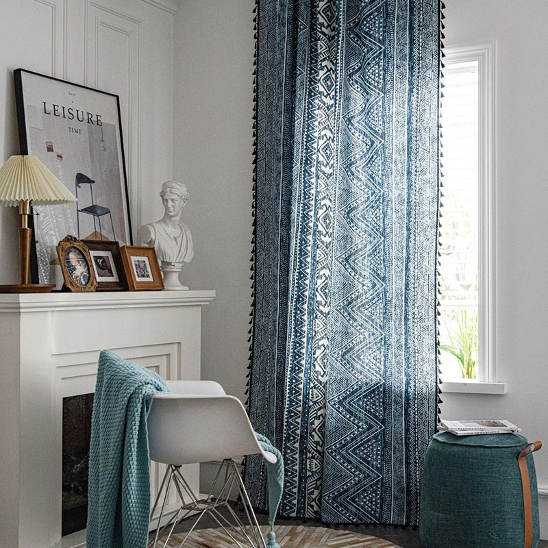 Blue Geometric Pattern Light Filtering Curtain